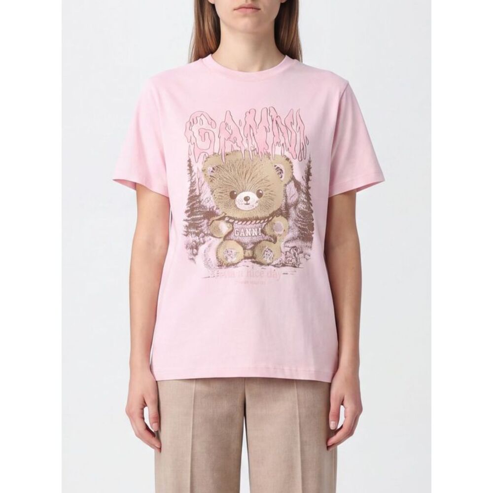 Ganni Women Ganni Pink Cotton T-Shirt With Teddy Bear Print And Contrast Logo